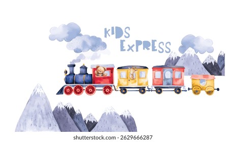 Watercolor illustration of a kids train express traveling through mountains.