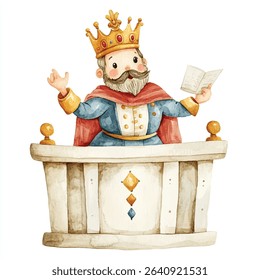 Watercolor illustration of a king with a golden crown and red cape, standing at a podium while reading from a book.