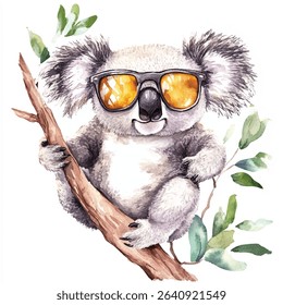 A watercolor illustration of a koala wearing sunglasses, sitting on a branch, with eucalyptus leaves. The koala has a relaxed, cool expression.