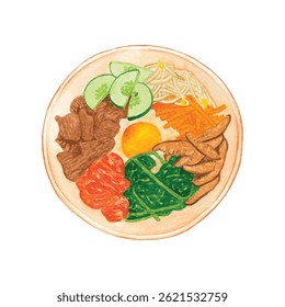 Watercolor illustration of Korean bibimbap with vegetables, beef, kimchi, and egg. Perfect for menu design, food packaging, restaurant labels, banner and Asian cuisine branding.