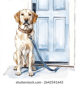 A watercolor illustration of a Labrador Retriever sitting patiently in front of a blue door, with a leash attached.