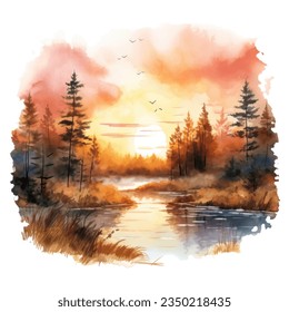 Watercolor illustration of landashft Rivers in the woods.