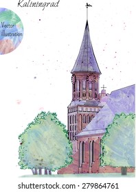 Watercolor illustration of landmark of the city of Kaliningrad, Russia. Cathedral Church of Kaliningrad on Kant island (Konigsberg Cathedral). Vector design.