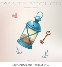 Watercolor illustration of a lantern and a key in vector format