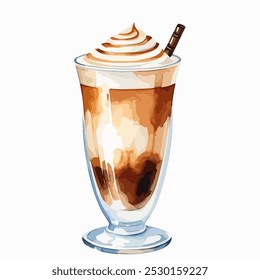 Ilustração em aquarela de macchiato com caramelo em um desenho de vidro à mão isolado no fundo branco. Ilustração vetorial para faixa, fundo, logotipo, anúncios, promoção, marketing e acima