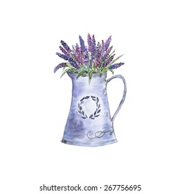 Watercolor illustration of lavender flowers in a pot.  Floral botanical art work for home decoration, organic shop. Natural flowers in retro style. French Provence style. Aroma herb for house. Vector