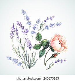 Watercolor illustration of lavender and rose. Hand painting. Can be used form of greeting cards, invitations and personalized card.