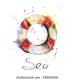 Watercolor illustration of lifebuoy on white background. Vector.