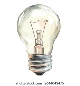 A watercolor illustration of a light bulb, showcasing the filament within the glass and the textured details of the bulb's base.