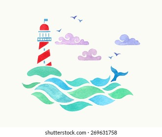 watercolor illustration with lighthouse