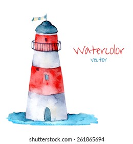 Watercolor illustration of lighthouse.Vintage hand drawn card in vector.