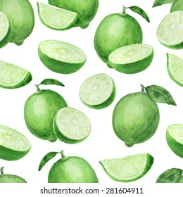 Watercolor illustration. Limes with leaves  and pieces isolated on white. Ideal for food packaging design