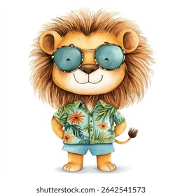 A watercolor illustration of a lion character wearing round sunglasses, a floral Hawaiian shirt, and blue shorts, standing with hands on hips.