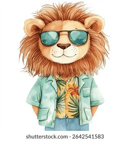 Watercolor illustration of a lion character wearing sunglasses, a Hawaiian shirt, and a light green jacket, with his hands in his pockets.