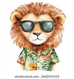 Watercolor illustration of a lion wearing sunglasses and a tropical shirt, showcasing a unique blend of wildlife and casual fashion.