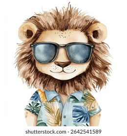 Watercolor illustration of a lion wearing sunglasses and a tropical shirt, depicted in a front-facing portrait view.