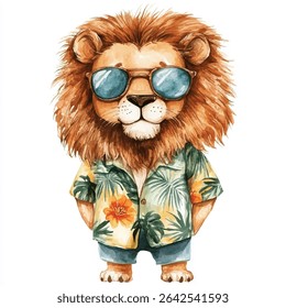 A watercolor illustration of a lion wearing sunglasses and a tropical shirt, standing with hands behind his back.