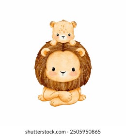 Watercolor Illustration lions family. Happy Father’s day hand drawn greeting card with lions. Vector illustration vector