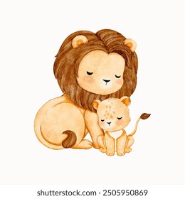 Watercolor Illustration lions family. Happy Father’s day hand drawn greeting card with lions. Vector illustration vector