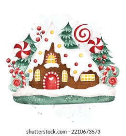 Watercolor Illustration Little House with Christmas ornaments