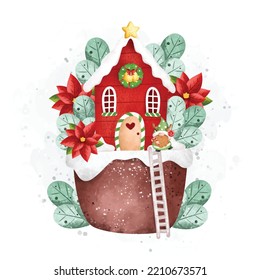 Watercolor Illustration Little House and Gnome with Christmas ornaments