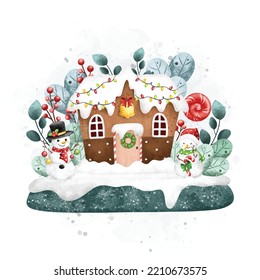 Watercolor Illustration Little House and Snowman with Christmas ornaments