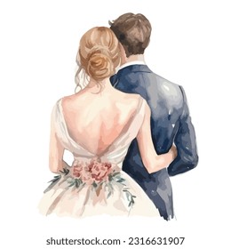 Watercolor illustration of a loving couple of newlyweds bride and groom