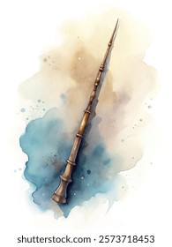 Watercolor illustration, magical wand, soft colors, artistic design, fantasy theme, whimsical style, creative concept.