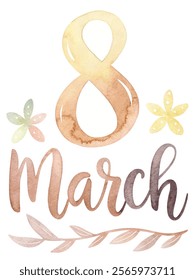 Watercolor illustration, March 8, floral elements, feminine design, celebration of International Women's Day.