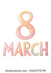 Watercolor illustration, March 8, International Women's Day, vibrant colors, artistic design, celebration theme.