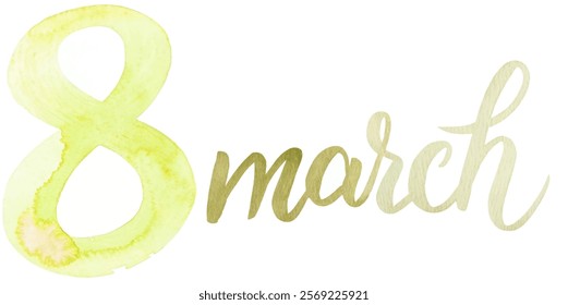 Watercolor illustration, March 8, International Women's Day, vibrant colors, celebratory design, modern typography.