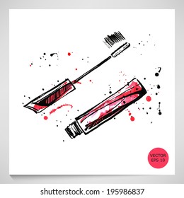 Watercolor illustration of mascara. Fashion illustration. Vector.