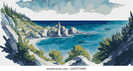 Watercolor illustration of the mediterranean sea. Sea coast drawing.