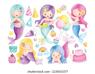 Watercolor Illustration Mermaid and Birthday Elements 