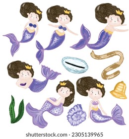 Watercolor Illustration Mermaid and Elements. vector illustration