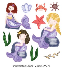 Watercolor Illustration Mermaid and Elements. vector illustration