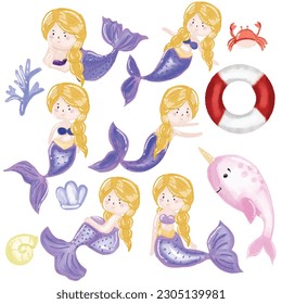 Watercolor Illustration Mermaid and Elements. vector illustration