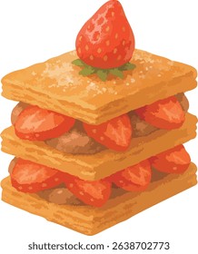 A watercolor illustration of mille-feuille layered with crispy pastry, fresh strawberries, and cream. Perfect for cafe menus, dessert-themed designs, and pastry visuals.