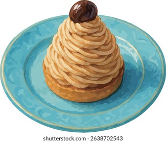 A watercolor illustration of a Mont Blanc cake topped with chestnut cream, served on a blue plate. Perfect for autumn dessert designs, cafe menus, and seasonal visuals.