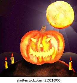 Watercolor illustration of moon, pumpkin and candles. Halloween theme