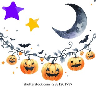 Watercolor illustration of a moon with a pumpkin lantern garland for Halloween