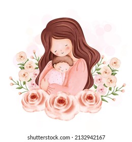 Watercolor Illustration Mother and Baby 