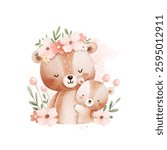 Watercolor Illustration Mother and Baby Bear