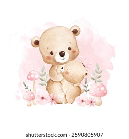 Watercolor Illustration Mother and Baby Bear with Pink Flowers
