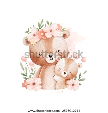 Watercolor Illustration Mother and Baby Bear