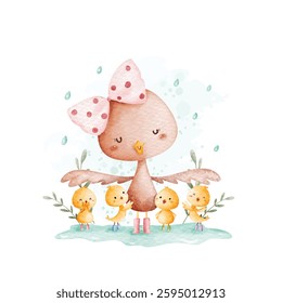 Watercolor Illustration Mother and Baby Chicken