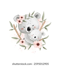 Watercolor Illustration Mother and Baby Koala
