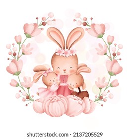 Watercolor Illustration Mother and Baby Rabbit in flower wreath 