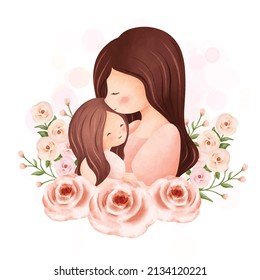 Watercolor Illustration Mother and Daughter in flower wreath 