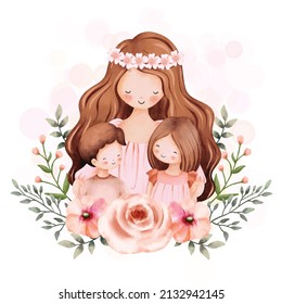 Watercolor Illustration Mother Kids Stock Vector (Royalty Free ...